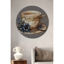 Teona Ahşap Sulu Boya Görünümlü Lüks Çiçekli Kahve Fincanı Dekoratif Ahşap Tablo Yuvarlak Tablo