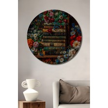 Teona Ahşap Kütüphane Çiçekleri Yağlı Boya Görünümlü Dekoratif Ahşap Tablo Yuvarlak Tablo