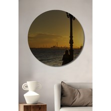 Teona Ahşap Altın Gün Batımı Sokak Lambası Yağlı Boya Görünümlü Ahşap Dekoratif Tablo Yuvarlak Tablo