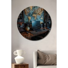 Teona Ahşap Ahşap Dekoratif Dünya Haritası Yağlı Boya Görünümlü Çalışma Odası Tablosu Yuvarlak Tablo