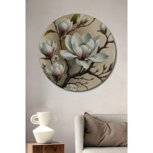 Teona Ahşap Beyaz Manolya Çiçekleri Sulu Boya Görünümlü Ahşap Dekoratif Tablo Yuvarlak Tablo