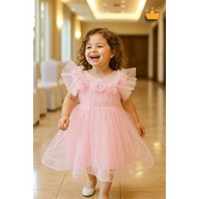 Minimony 2-8 Yaş Gül Yakalı Grenli Kabarık Tül Kız Bebek Çocuk Abiye Elbise Bayramlık Gelinlik Pembe 3502