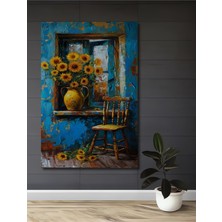 Teona Ahşap Yağlı Boya Görünümlü Ahşap Dekoratif Tablo Sarı Vazolu Gün Batımı Çiçekleri Dikdörtgen Tablo