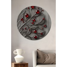 Teona Ahşap Gümüş Renk Yapraklar ve Kırmızı Damlalar Ahşap Tablo Modern Sanat Yağlı Boya Görünümlü