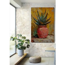 Teona Ahşap Ahşap Dekoratif Tablo Yağlı Boya Görünümlü Aloe Vera Saksıda Çiçek Dikdörtgen Tablo