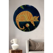 Teona Ahşap Gece Rüyası Kedi Yağlı Boya Görünümlü Ahşap Dekoratif Tablo Yuvarlak Tablo