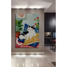Teona Ahşap Sevimli Kedi ve Çiçekler Sulu Boya Görünümlü Dekoratif Ahşap Tablo Dikdörtgen Tablo