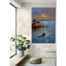 Teona Ahşap Gün Batımında Deniz Kenarında Balıkçı Yağlı Boya Görünümlü Dekoratif Ahşap Tablo Dikdörtgen Tablo