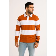 Moderie Butik Erkek Polo Yaka Uzun Kollu Çizgili Sweatshirt Trend Rugby Stil - Turuncu