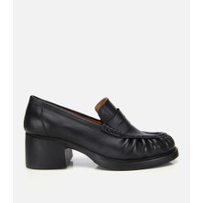Hotiç Kadın Deri Siyah Büzgülü  Kalın Tabanlı Klasik Loafer