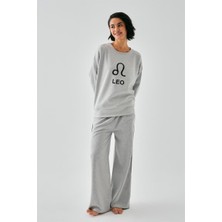 Modaserdem  Kadın Gri Aslan Burcu Oversize 2 Iplik Eşofman Ev Giyim Takımı