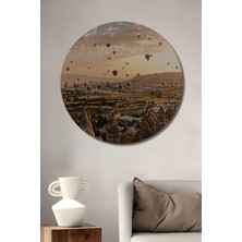 Teona Ahşap Peri Bacaları Arasında Balon Turu Yağlı Boya Görünümlü Ahşap Dekoratif Tablo Yuvarlak Tablo