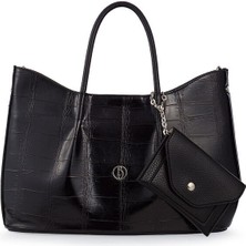 Bilik Deri Logo Detaylı Siyah Kadın El Çantası Riv 147-KR