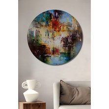Teona Ahşap Venedik Kanalı Yağlı Boya Görünümlü Ahşap Dekoratif Tablo Modern Sanat Eseri Yuvarlak Tablo
