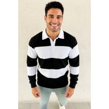 Moderie Butik Erkek Polo Yaka Uzun Kollu Çizgili Sweatshirt Trend Rugby Stil - Siyah