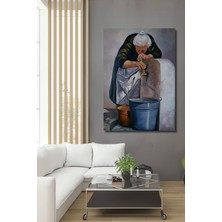 Teona Ahşap Yağlı Boya Görünümlü Yaşlı Kadın ve Kova Sulu Boya Sanat Tablosu Ahşap Tablo Dikdörtgen Tablo