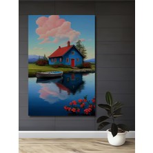 Teona Ahşap Mavi Ev Kırmızı Tekne Gölet Manzarası Sulu Boya Görünümlü Dekoratif Ahşap Tablo Dikdörtgen Tablo