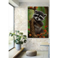 Teona Ahşap Sevimli Rakun Orman Yağlı Boya Görünümlü Dekoratif Ahşap Tablo Dikdörtgen Tablo