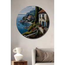 Teona Ahşap Akdeniz Sahili Yağlı Boya Görünümlü Ahşap Dekoratif Tablo Yuvarlak Tablo