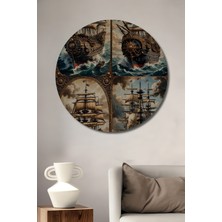 Teona Ahşap Buharlı Gemi Sanat Yağlı Boya Görünümlü Ahşap Dekoratif Tablo Yuvarlak Tablo