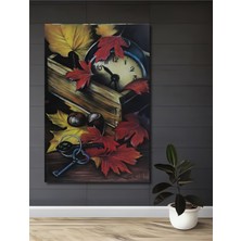 Teona Ahşap Ahşap Tablo Zamana Karşı Kilitler ve Sonbahar Yaprakları Sulu Boya Görünümlü Sanat Dikdörtgen Tablo