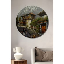 Teona Ahşap Ahşap Tablo Sokakta Gezen Adam ve Köpek Yağlı Boya Görünümlü Klasik Sanat Tablosu Yuvarlak Tablo