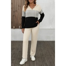 Bemy Çarşı Kadın Uzun Kollu Kapşonlu Bağcıklı Blok Renkli Şardonlu Kaşkorse Bluz ve Pantolon Ikili Takım