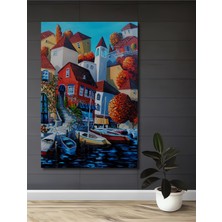 Teona Ahşap Bohem Sanat Akdeniz Kasabası Manzarası Yağlı Boya Görünümlü Ahşap Dekoratif Tablo Dikdörtgen Tablo