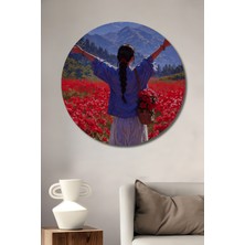 Teona Ahşap Kırmızı Güllerin Arasından Dağlara Uzanan Mutluluk Sulu Boya Görünümlü Ahşap Tablo Yuvarlak Tablo