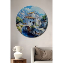 Teona Ahşap Eski Akdeniz Köyü Sulu Boya Görünümlü Ahşap Dekoratif Tablo Yuvarlak Tablo