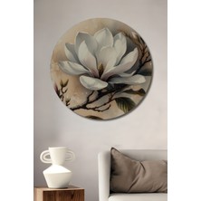 Teona Ahşap Büyük Beyaz Manolya Sulu Boya Görünümlü Sanat Tablosu Ahşap Dekoratif Yuvarlak Tablo