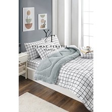 ChicMaison Beyaz Kare Desenli Çift Kişilik Pofuduk Uyku Seti Ranforce 195 x 215 cm Lastikli Çarşaflı