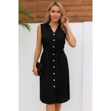 Etiler Collection Kadın Sıfır Kollu Hakim Yaka Önden Düğmeli Belden Kuşaklı Ithal Keten Elbise