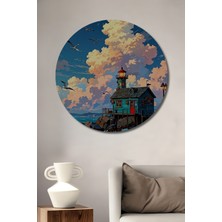 Teona Ahşap Deniz Feneri Yağlı Boya Görünümlü Ahşap Dekoratif Tablo Yuvarlak Tablo