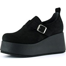 Erkan Saçmacı Miyuki Siyah Süet Yuvarlak Burun Lastik Bantlı Dolgu Topuklu Günlük Ayakkabı