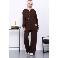İmaj Butik Kahverengi Fermuarlı Tunik Pantolonlu Takım
