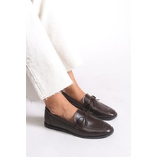 Riccon Kadın Babet Kahverengi Cilt Suni Deri Ortopedik Taban Düz Topuk Günlük Kullanım İçin