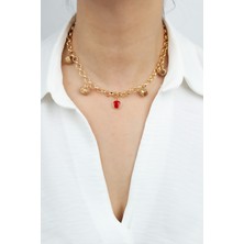 Liveyn Design Halka Zincir Kırmızı Uçlu Gold Kolye