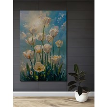 Teona Ahşap Beyaz Lale Bahçesi Yağlı Boya Görünümlü Ahşap Dekoratif Tablo Dikdörtgen Tablo