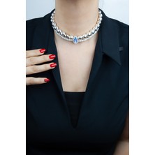 Liveyn Design Mavi Kristal Uçlu Metalize Boncuk ve Inci Çift  Sıralı Kolye