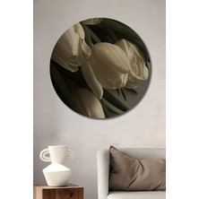 Teona Ahşap Beyaz Lale Yağlı Boya Görünümlü Ahşap Dekoratif Tablo Yuvarlak Tablo