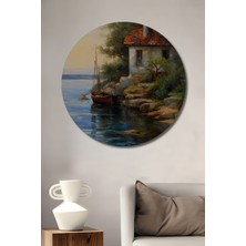 Teona Ahşap Sahil Evleri Yağlı Boya Görünümlü Ahşap Dekoratif Tablo Yuvarlak Tablo