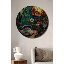 Teona Ahşap Ahşap Tablo Tiffany Tarzı Vitray Kahve Keyfi Yağlı Boya Görünümlü Sanat Eseri Yuvarlak Tablo