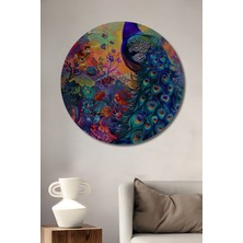 Teona Ahşap Görkemli Tavuskuşu Yağlı Boya Görünümlü Modern Sanat Ahşap Dekoratif Tablo Yuvarlak Tablo