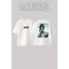 Anetos Lady Gaga 7 Tasarım Sırt Baskılı Pamuk Beyaz Oversize T-Shirt