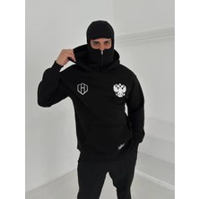 Silerra Samuray Ninja Çift Kapşonlu Zıp Fermuarlı Kanguru Çepli Tam Fermuarlı Hoodie Ön ve Arka Baskılı Maske Detaylı Swetshirt - Siyah