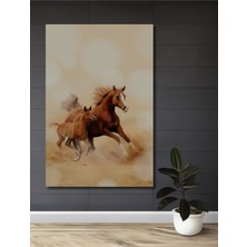 Teona Ahşap Kahverengi Atlar Koşturuyor Yağlı Boya Görünümlü Ahşap Dekoratif Tablo Dikdörtgen Tablo