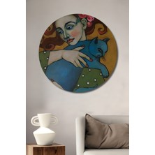 Teona Ahşap Bohem Sanat Kedi ve Kadın Yağlı Boya Görünümlü Dekoratif Ahşap Tablo Yuvarlak Tablo