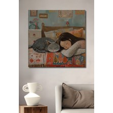 Teona Ahşap Rüya Gibi Yağlı Boya Görünümlü Ahşap Dekoratif Tablo Kedi ve Kız Sanat Eseri Dikdörtgen Tablo