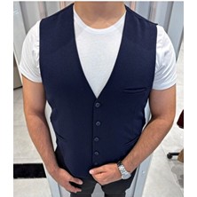 Sabri Zengin Erkek Lacivert V Yaka Slim Fit Full Kumaş Yelek